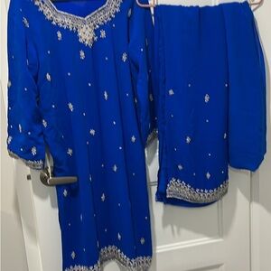Elegant Blue Embellished Dress and Scarf Set